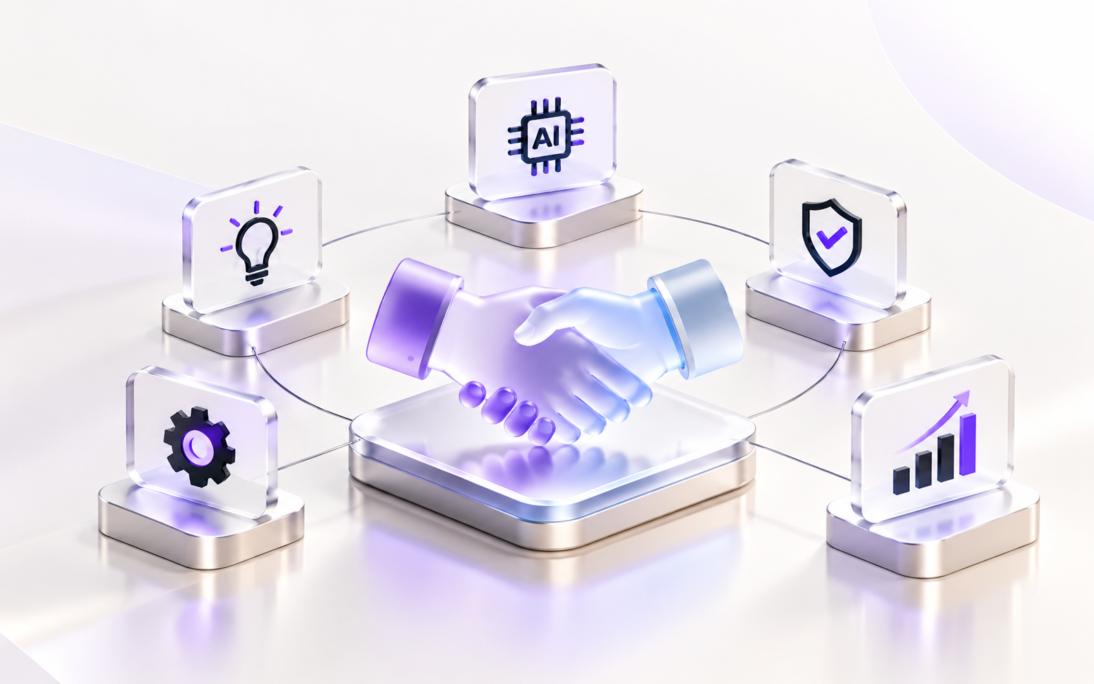 3D illustration of an AI implementation partnership represented by a handshake, surrounded by connected icons for AI technology, innovation, security, and business growth.